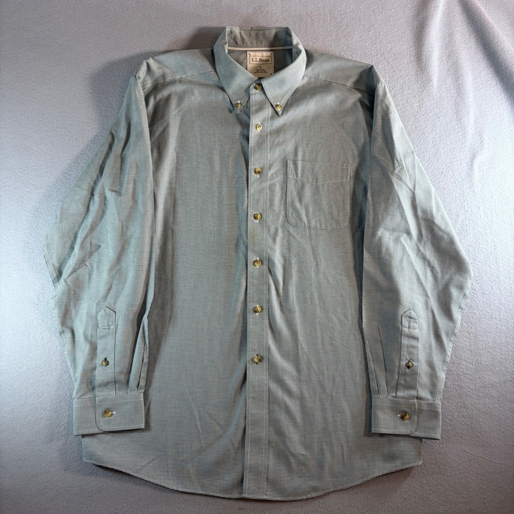 LL Bean Mens Large Button Down Shirt Long Sleeve Micro Gingham‎ Blue White 0FKD3